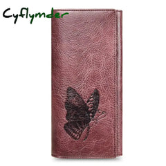 Cyflymder Genuine Leather Women Wallet Long Purse Butterfly Embossing Wallets Female Card Holders