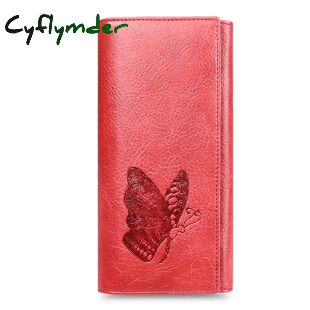 Cyflymder Genuine Leather Women Wallet Long Purse Butterfly Embossing Wallets Female Card Holders