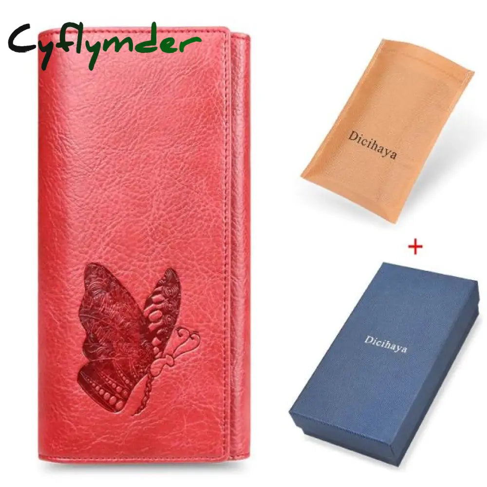 Cyflymder Genuine Leather Women Wallet Long Purse Butterfly Embossing Wallets Female Card Holders