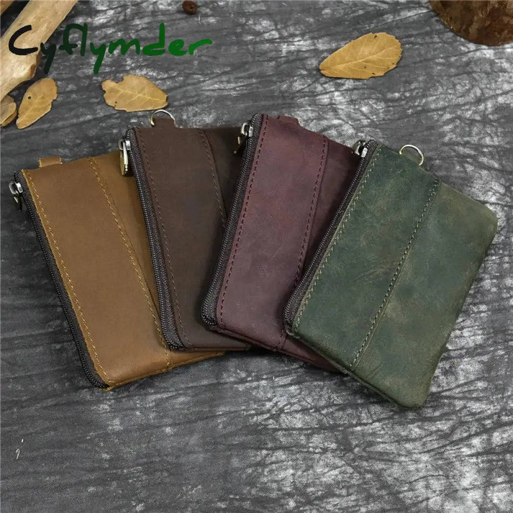 Cyflymder Genuine Leather Zipper Coin Card Purse Real Leather Rfid Card Holder Clutch Wallets Slots For Men Women Mini