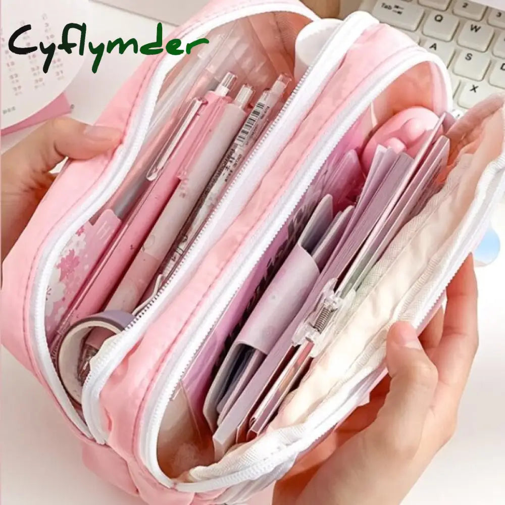 Cyflymder Girl Pink Aesthetic Pencil Bag Large Capacity School Cases Cute Korean Stationery Holder