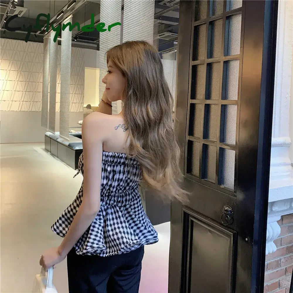 Cyflymder Girls Elegant Ruffles Plaid Tube Tops Women’s Stretchy Wrap Tubes Bandeau Short