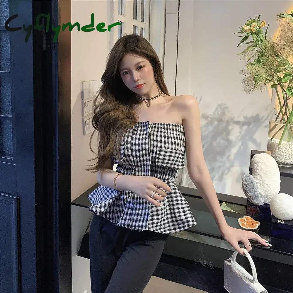 Cyflymder Girls Elegant Ruffles Plaid Tube Tops Women’s Stretchy Wrap Tubes Bandeau Short