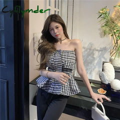 Cyflymder Girls Elegant Ruffles Plaid Tube Tops Women’s Stretchy Wrap Tubes Bandeau Short
