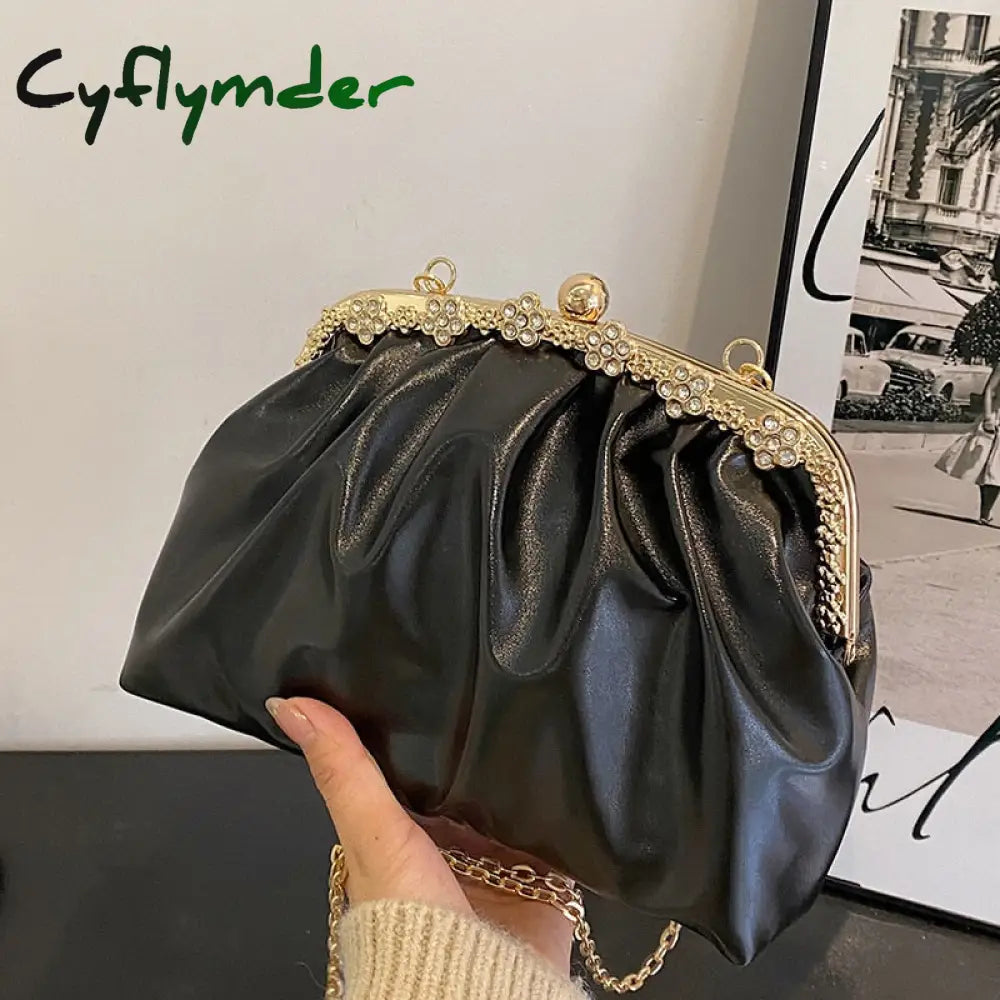 Cyflymder Glitter Laser Women’s Leather Cloud Bag Retro Chain Crossbody Luxury Pleated Dumpling