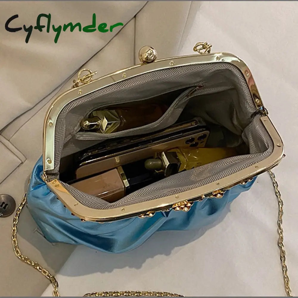 Cyflymder Glitter Laser Women’s Leather Cloud Bag Retro Chain Crossbody Luxury Pleated Dumpling