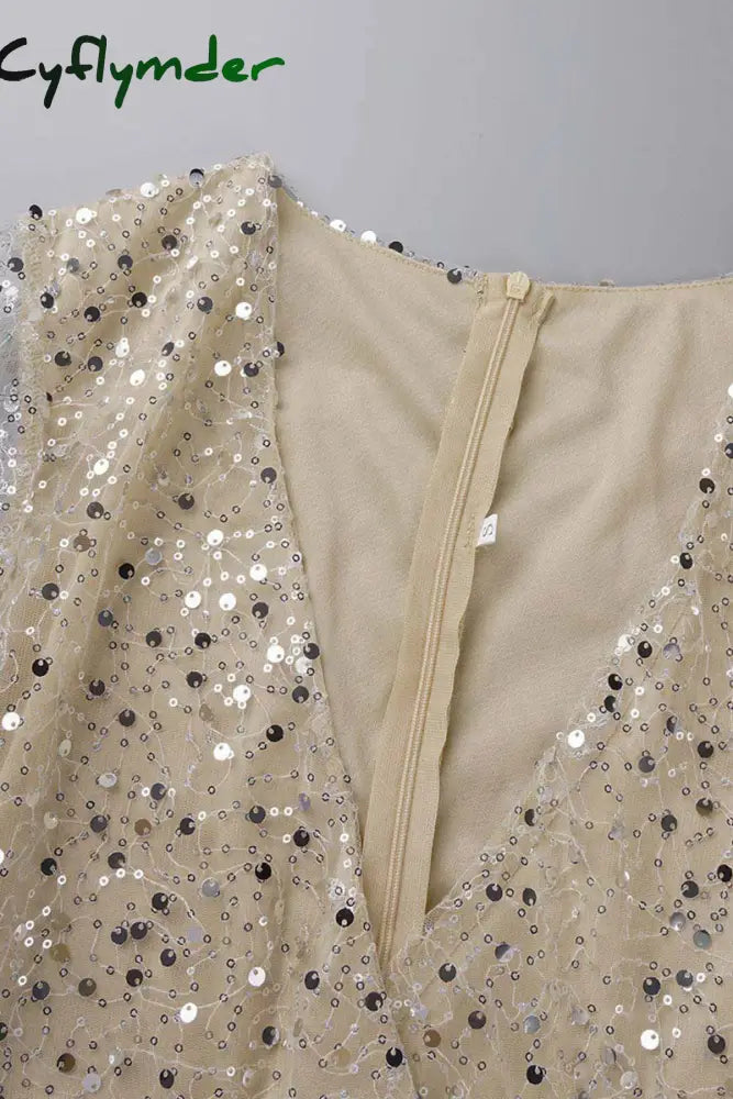 Cyflymder - Gold Sexy Solid Sequins Patchwork V Neck Pencil Skirt Dresses