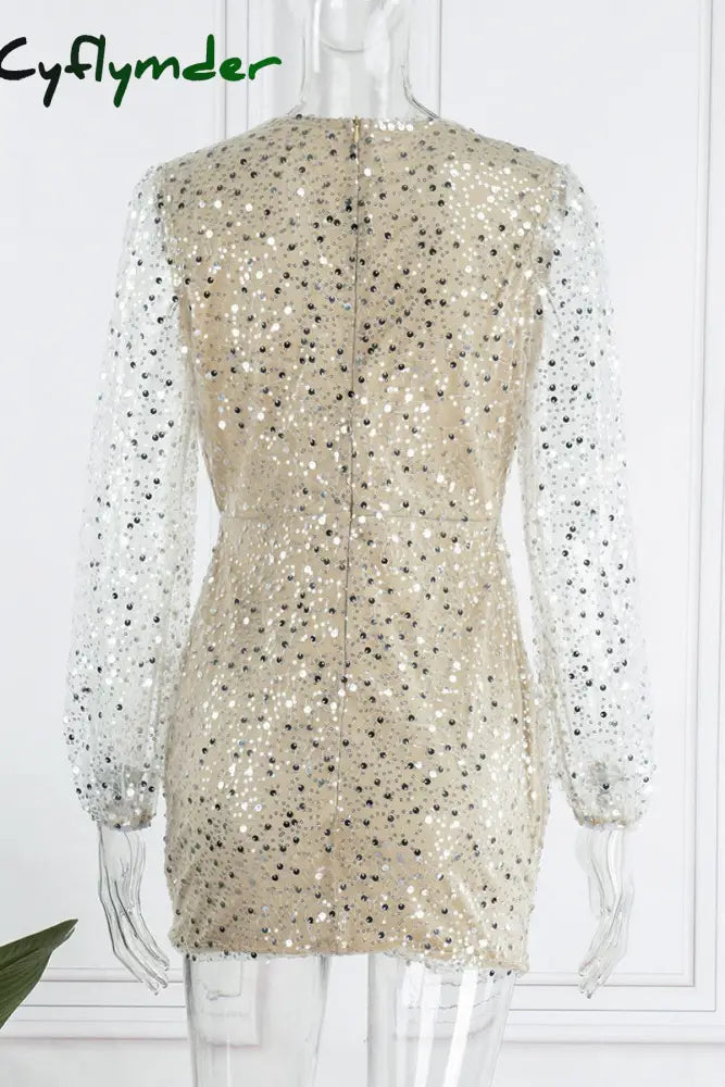 Cyflymder - Gold Sexy Solid Sequins Patchwork V Neck Pencil Skirt Dresses