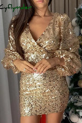 Cyflymder - Gold Sexy Solid Sequins Patchwork V Neck Pencil Skirt Dresses / S