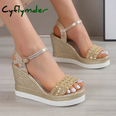 Cyflymder Gold Silver Glitters Wedge Sandals Women Buckle Strap Chunky Platform Sandles Woman