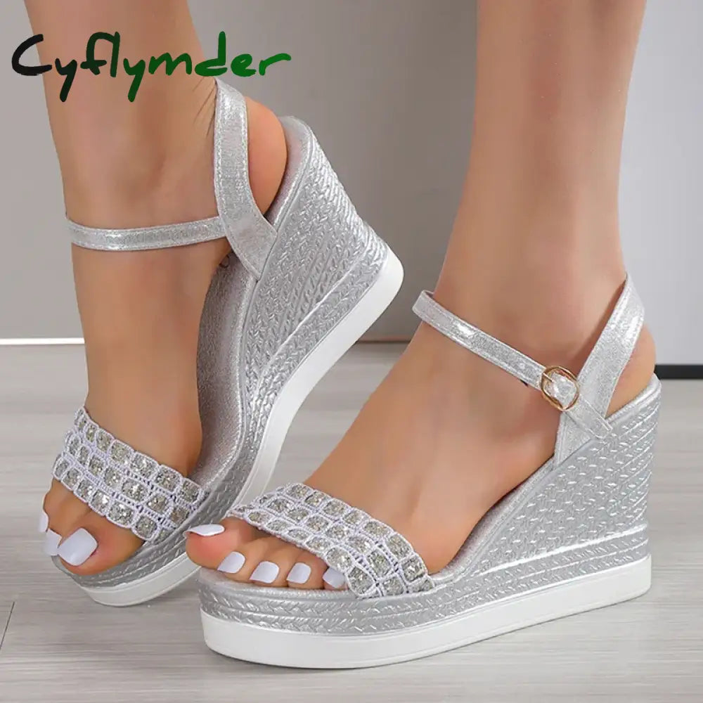 Cyflymder Gold Silver Glitters Wedge Sandals Women Buckle Strap Chunky Platform Sandles Woman