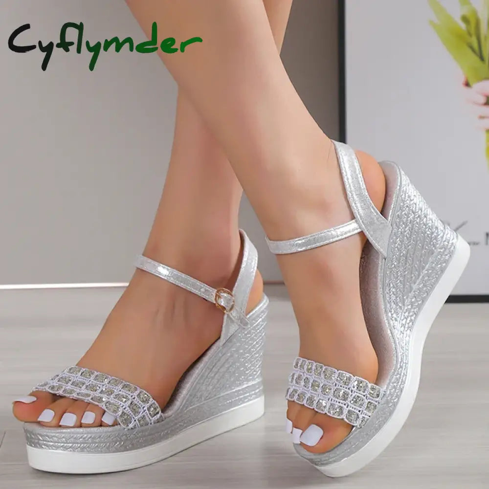 Cyflymder Gold Silver Glitters Wedge Sandals Women Buckle Strap Chunky Platform Sandles Woman