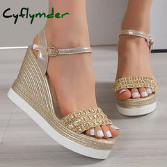 Cyflymder Gold Silver Glitters Wedge Sandals Women Buckle Strap Chunky Platform Sandles Woman