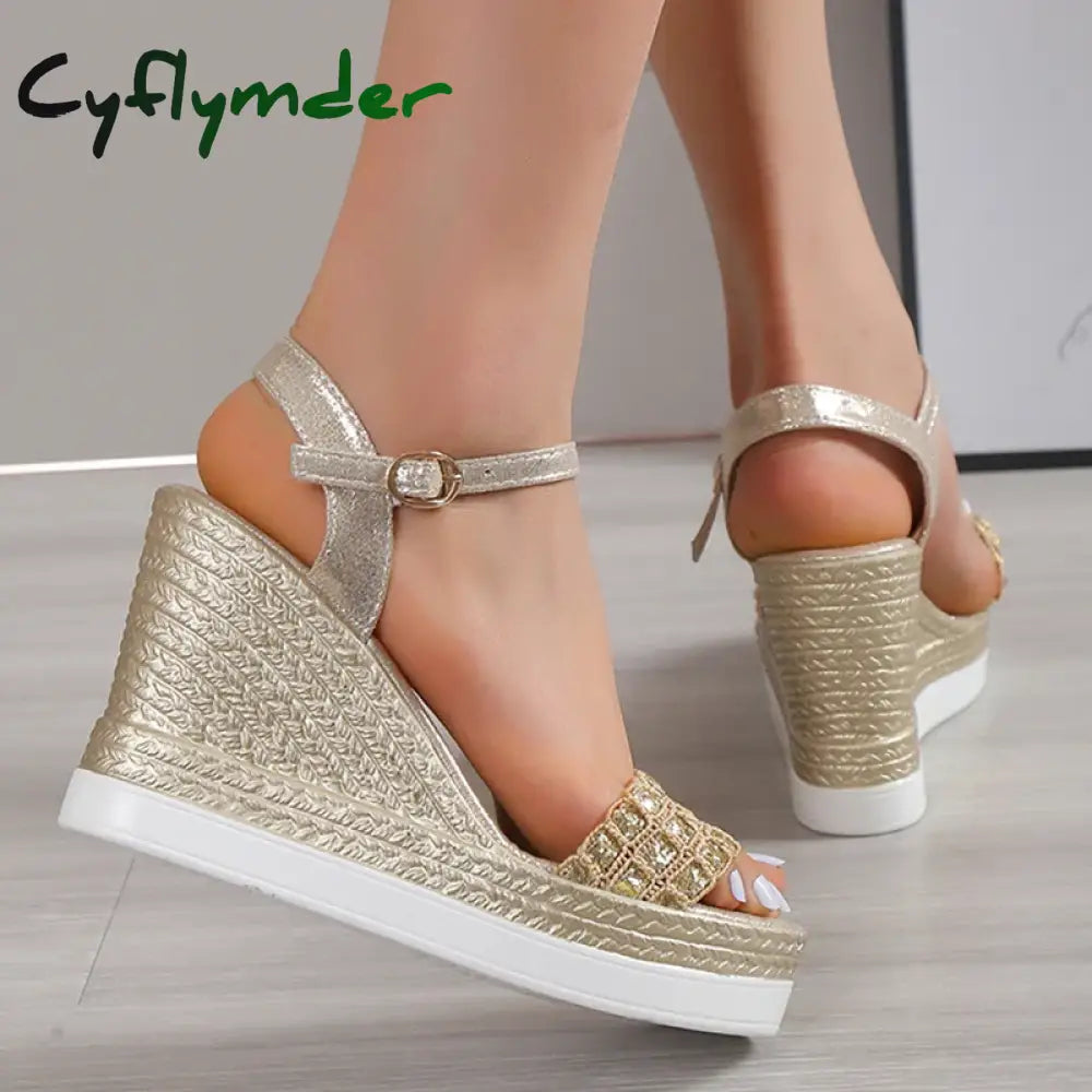 Cyflymder Gold Silver Glitters Wedge Sandals Women Buckle Strap Chunky Platform Sandles Woman