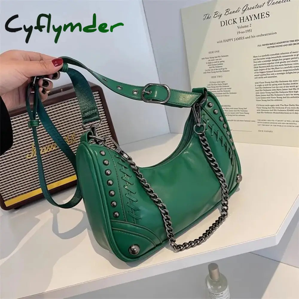 Cyflymder Gothic Bag Vintage Fashion Moto Biker Shoulder Rock Style Metal Chain Pu Leather Casual