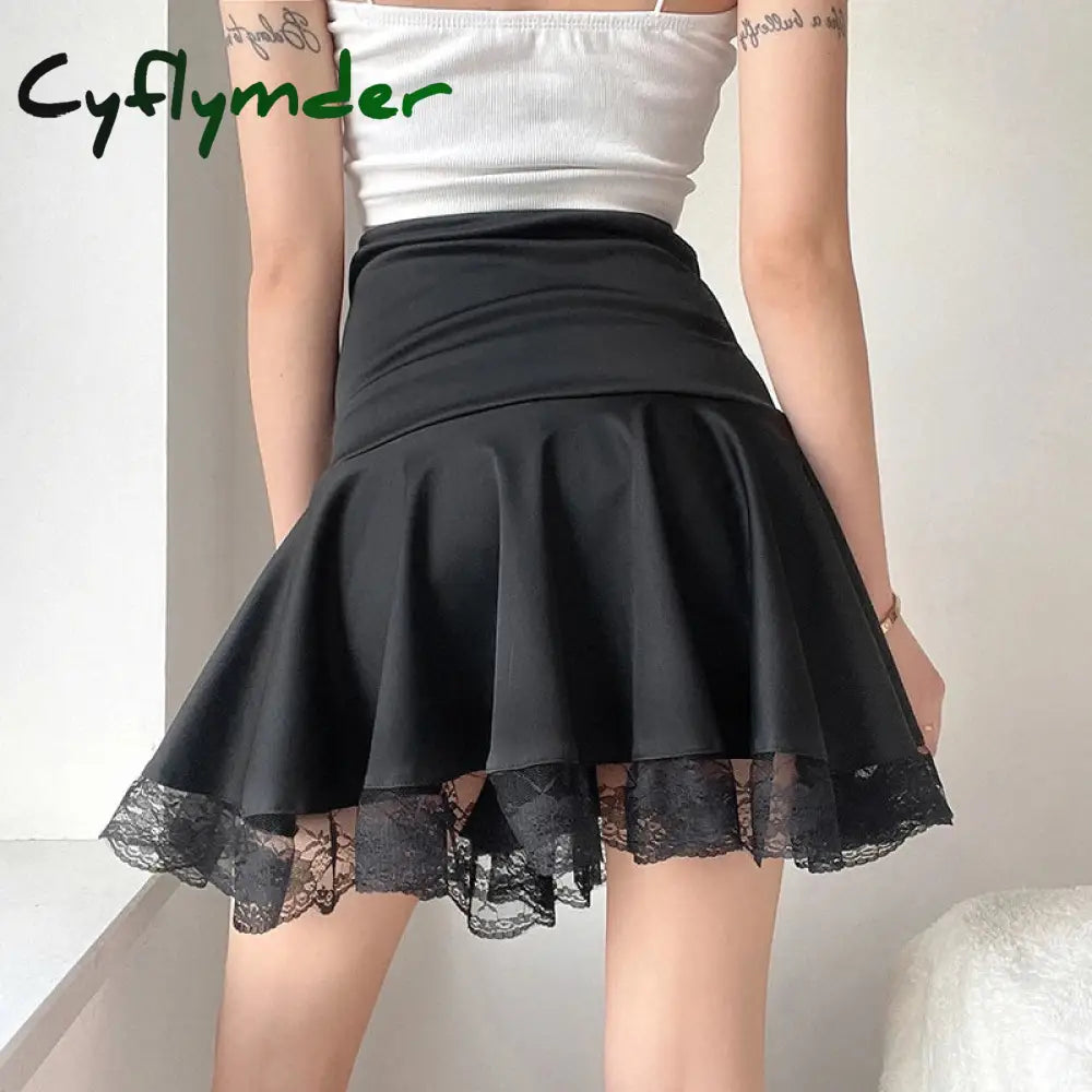 Cyflymder Gothic Black Lace Patchwork Skirt Women Casual Sexy Mini Dark Y2K Aesthetic Slim High Waist Long Skirt
