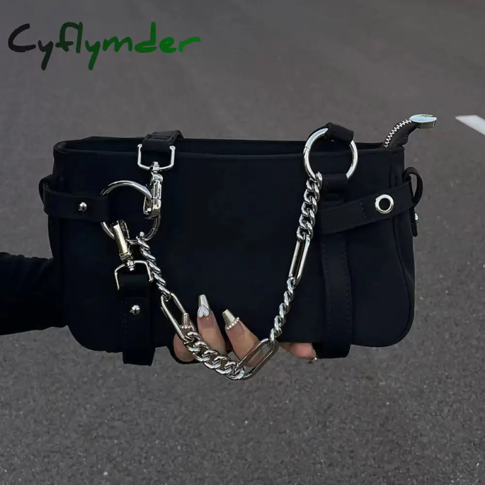 Cyflymder Gothic Handbags For Women Trendyol Moto Biker New Black Underarm Shoulder Bag Solid