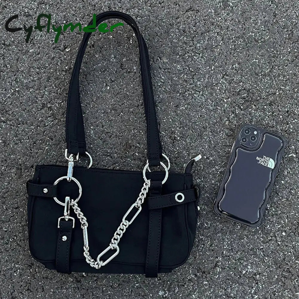 Cyflymder Gothic Handbags For Women Trendyol Moto Biker New Black Underarm Shoulder Bag Solid