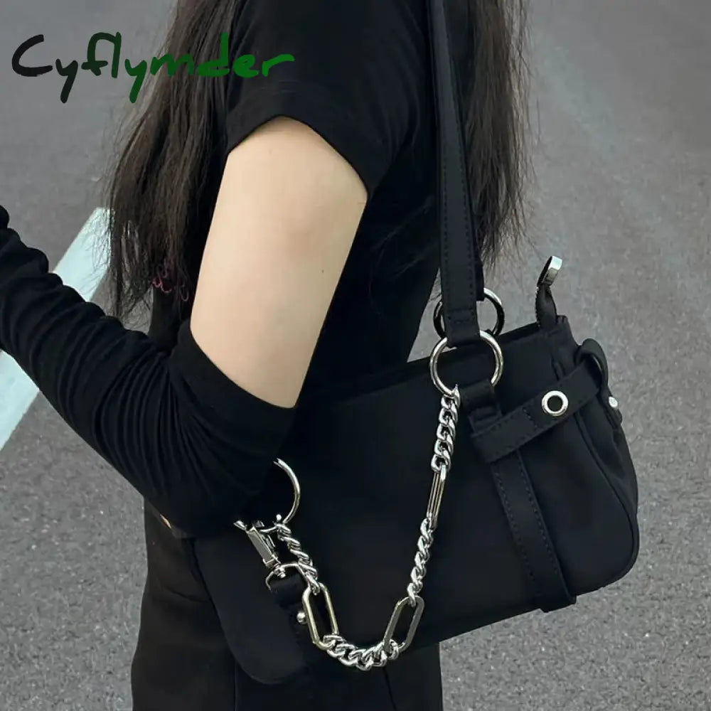 Cyflymder Gothic Handbags For Women Trendyol Moto Biker New Black Underarm Shoulder Bag Solid