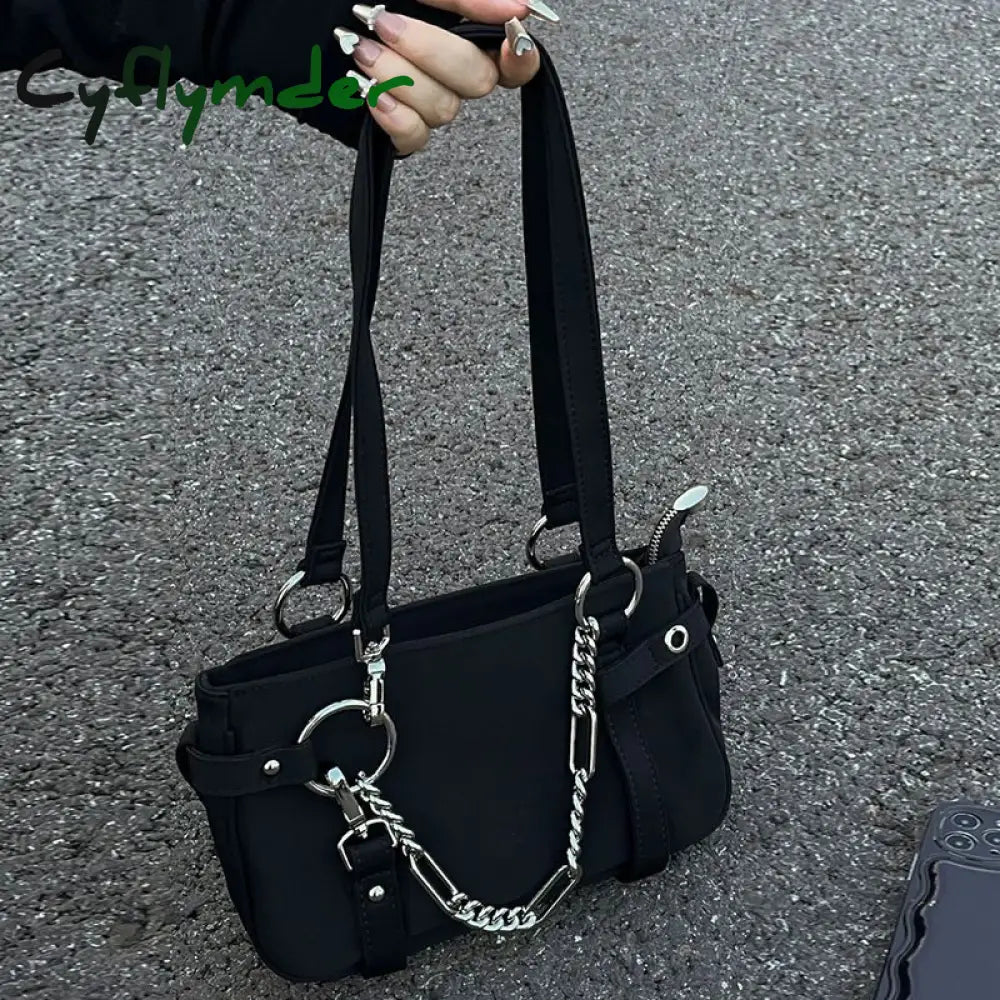 Cyflymder Gothic Handbags For Women Trendyol Moto Biker New Black Underarm Shoulder Bag Solid