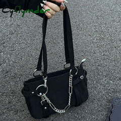 Cyflymder Gothic Handbags For Women Trendyol Moto Biker New Black Underarm Shoulder Bag Solid