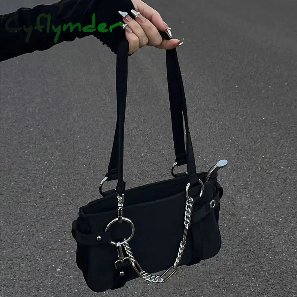 Cyflymder Gothic Handbags For Women Trendyol Moto Biker New Black Underarm Shoulder Bag Solid