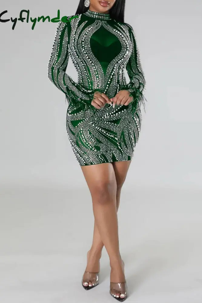 Cyflymder - Green Sexy Patchwork Hot Drilling See-Through Half A Turtleneck Long Sleeve Dresses