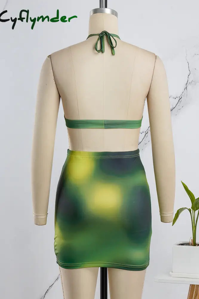 Cyflymder - Green Sexy Print Bandage Hollowed Out Backless O Neck Sleeveless Dress Dresses