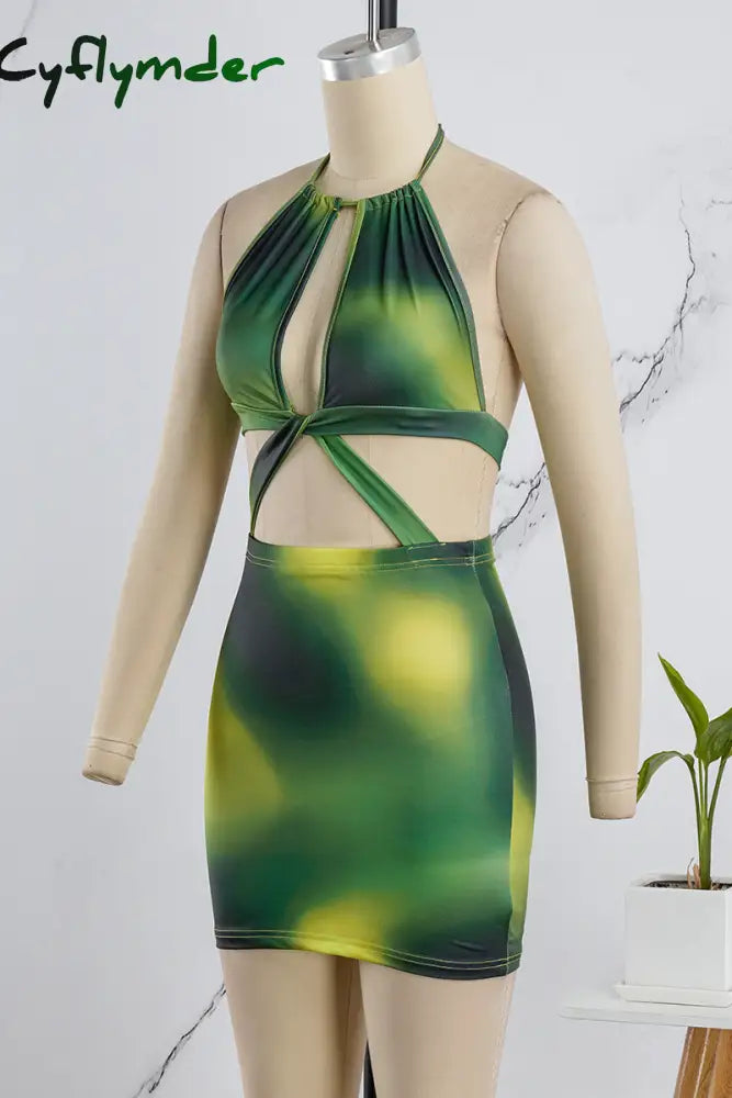 Cyflymder - Green Sexy Print Bandage Hollowed Out Backless O Neck Sleeveless Dress Dresses