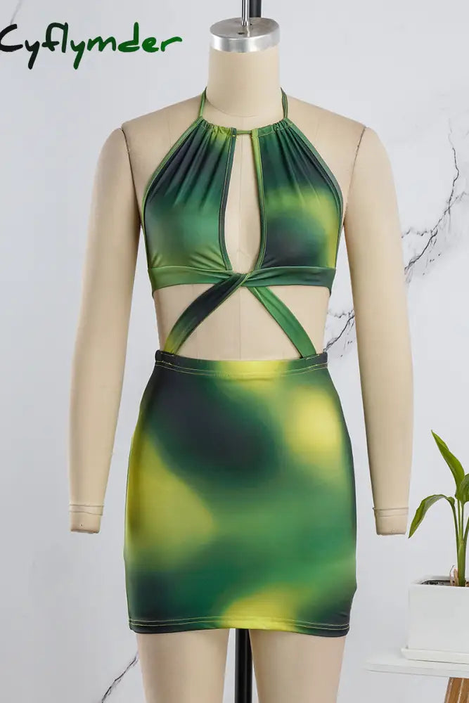 Cyflymder - Green Sexy Print Bandage Hollowed Out Backless O Neck Sleeveless Dress Dresses