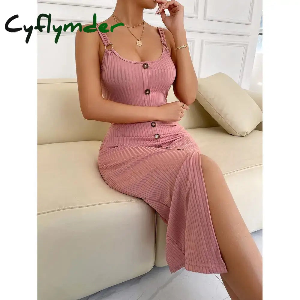 Cyflymder Green Women Knitte Bodycon Sling Dress Sleeveless Button Front Spit Slim Party Club Midi