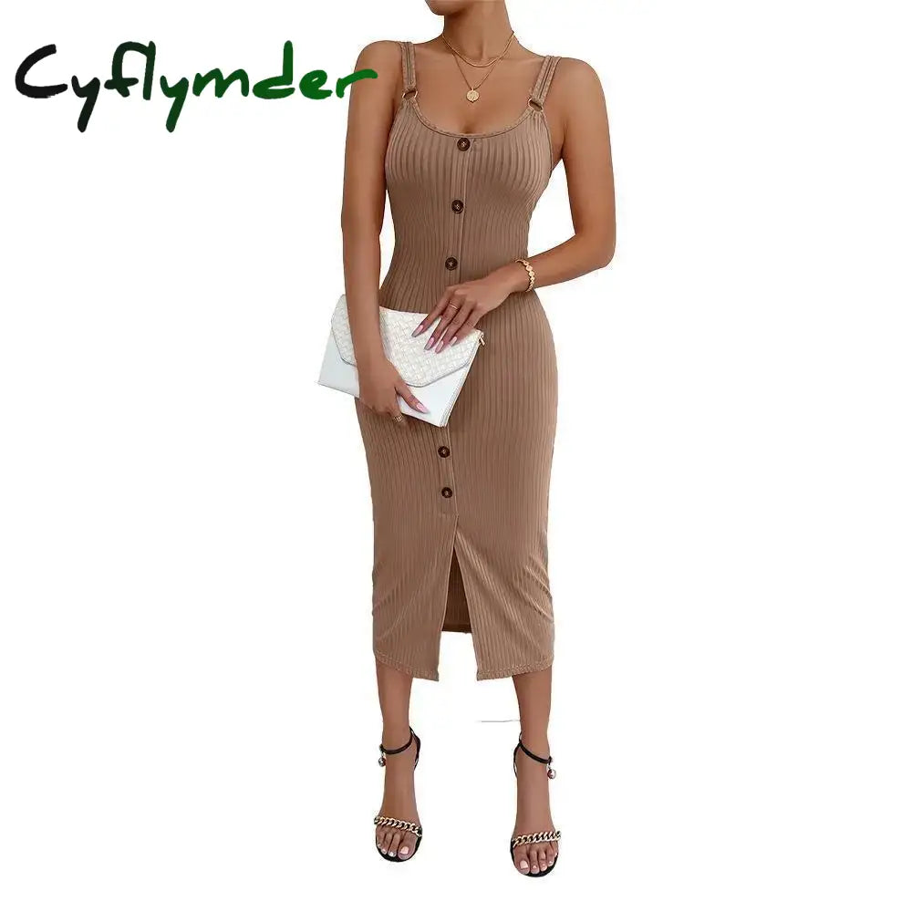 Cyflymder Green Women Knitte Bodycon Sling Dress Sleeveless Button Front Spit Slim Party Club Midi