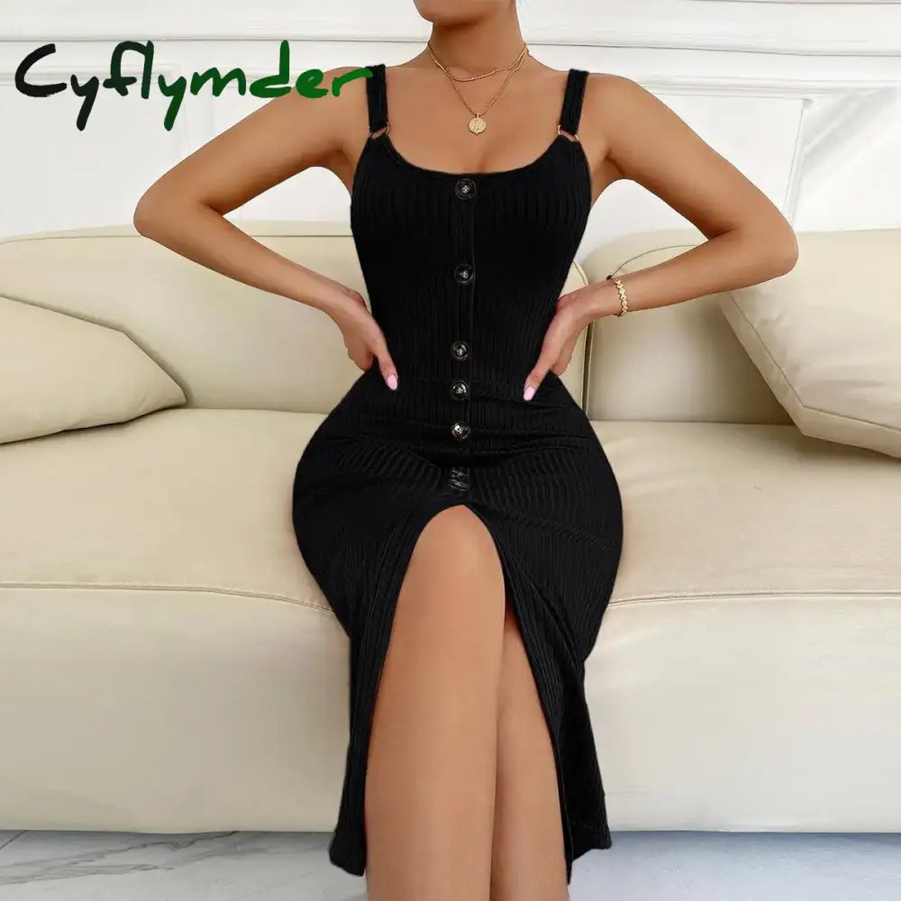 Cyflymder Green Women Knitte Bodycon Sling Dress Sleeveless Button Front Spit Slim Party Club Midi