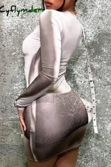 Cyflymder - Grey Casual Print Basic O Neck Long Sleeve Dresses
