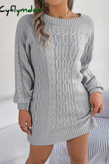 Cyflymder - Grey Casual Solid Basic O Neck Long Sleeve Dresses (Without Belt)