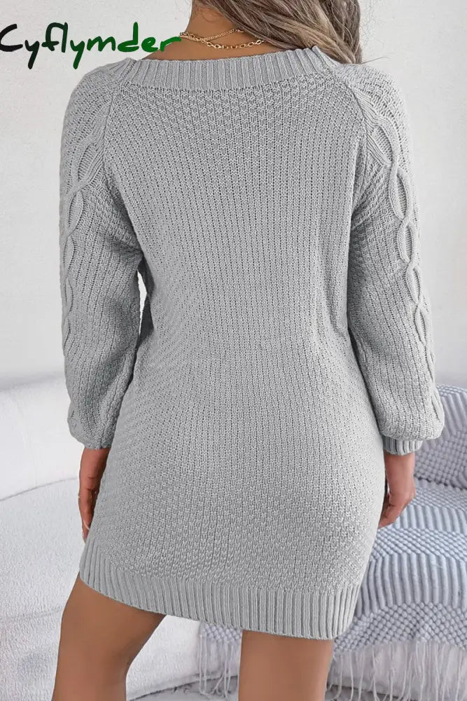 Cyflymder - Grey Casual Solid Basic O Neck Long Sleeve Dresses (Without Belt)