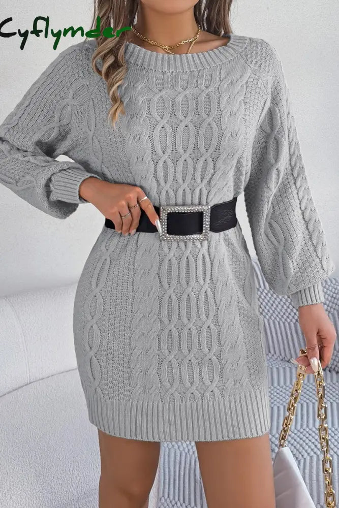 Cyflymder - Grey Casual Solid Basic O Neck Long Sleeve Dresses (Without Belt)