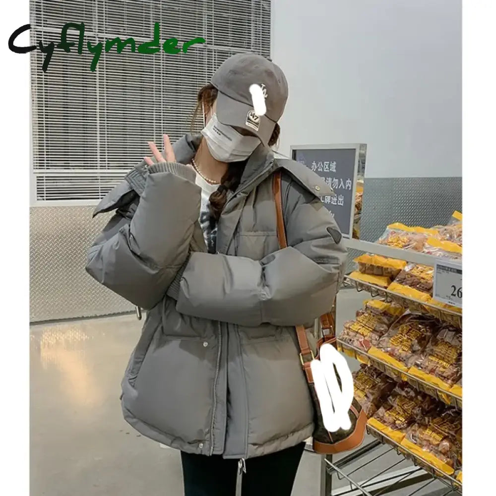 Cyflymder Grey Down Jacket Women Coat Black Hooded Fashion American Streetwear Y2K Style Duck