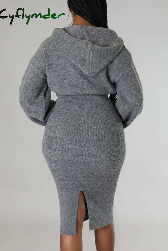 Cyflymder - Grey Sexy Solid Patchwork Hooded Collar One Step Skirt Dresses