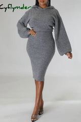 Cyflymder - Grey Sexy Solid Patchwork Hooded Collar One Step Skirt Dresses