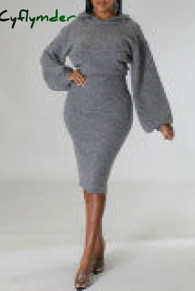 Cyflymder - Grey Sexy Solid Patchwork Hooded Collar One Step Skirt Dresses / S