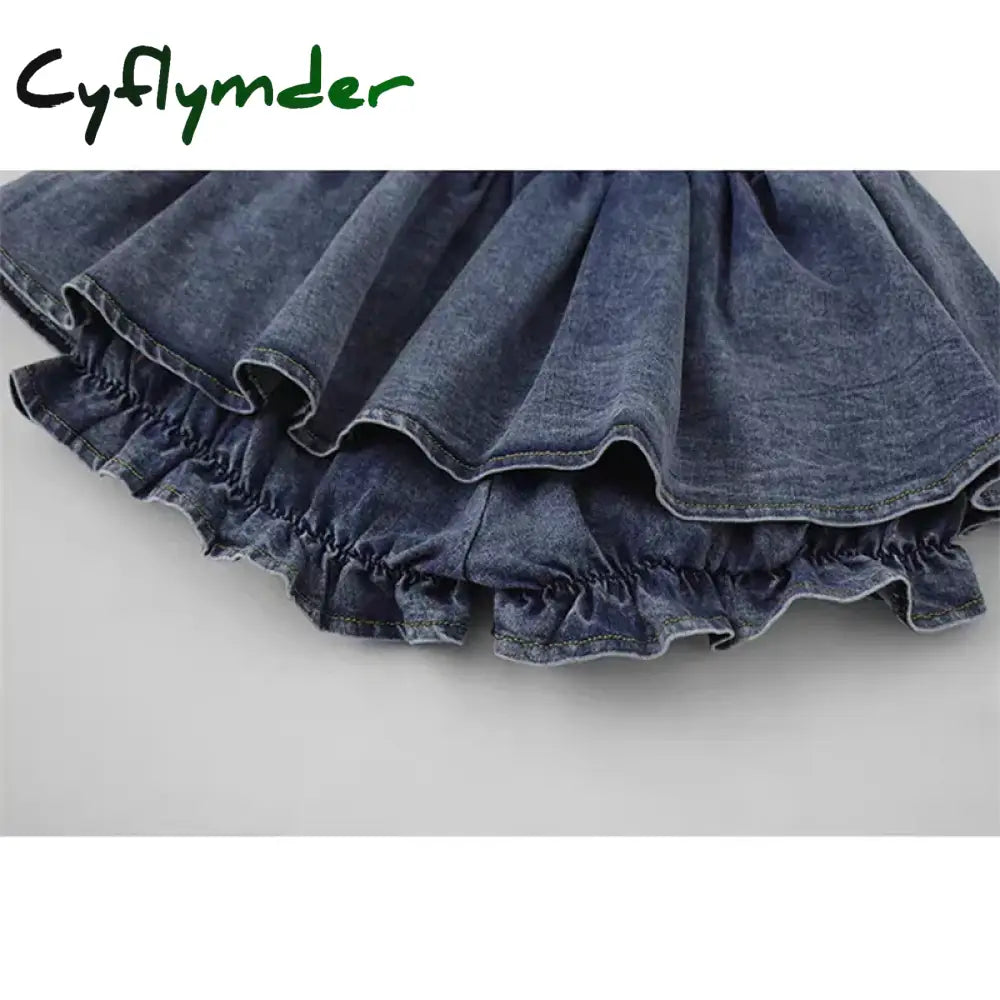 Cyflymder Grunge Y2K Bow Denim Skirt With Shorts Kawaii Women Vintage Gyaru Ruffle Low Waist Sexy