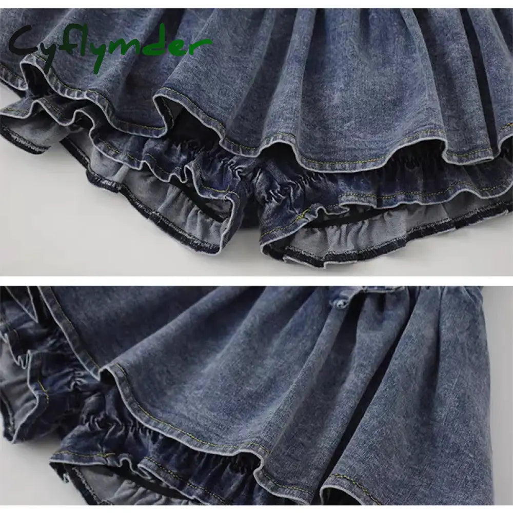 Cyflymder Grunge Y2K Bow Denim Skirt With Shorts Kawaii Women Vintage Gyaru Ruffle Low Waist Sexy