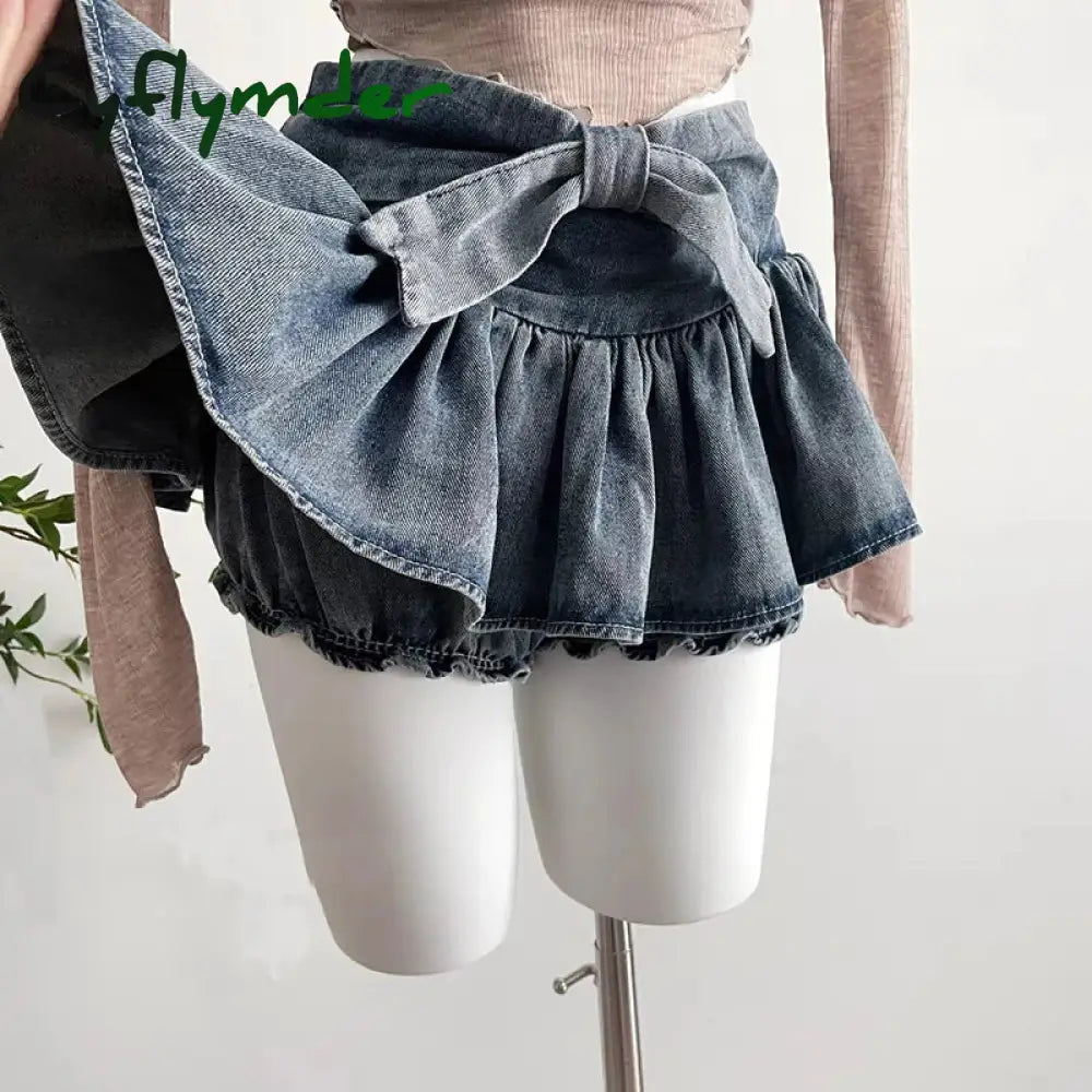 Cyflymder Grunge Y2K Bow Denim Skirt With Shorts Kawaii Women Vintage Gyaru Ruffle Low Waist Sexy