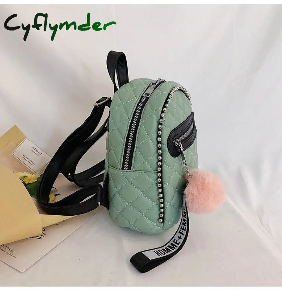 Cyflymder Hairball Tassel Women Backpack Small Diamond Pattern School Bag Backpacks For Girls