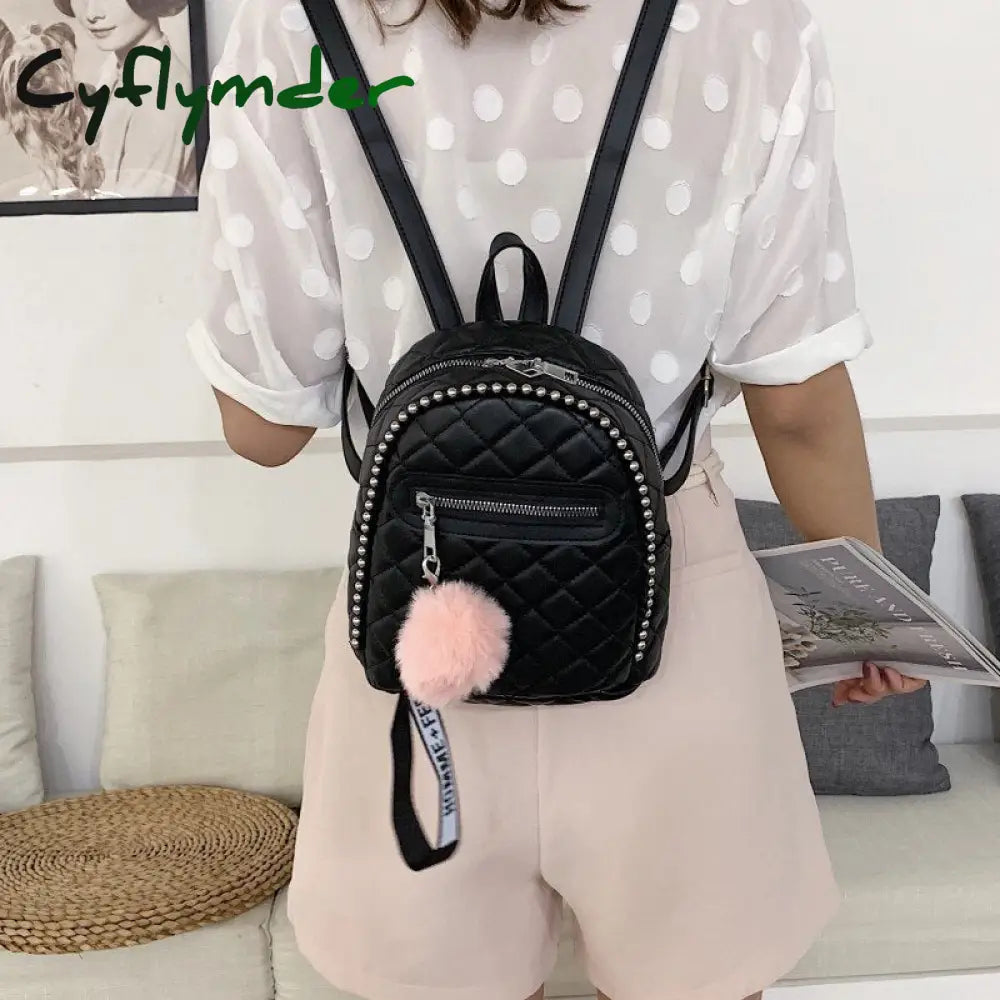 Cyflymder Hairball Tassel Women Backpack Small Diamond Pattern School Bag Backpacks For Girls