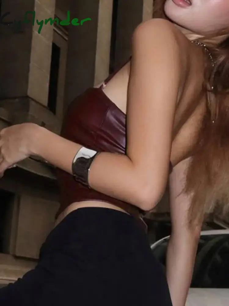 Cyflymder Halter Square Neck Sexy Tops Wine Clubwear Slim Backless PU Cloth Y2K Vintage Harajuku Chic Streetwear