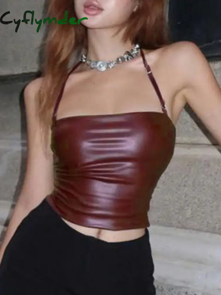Cyflymder Halter Square Neck Sexy Tops Wine Clubwear Slim Backless PU Cloth Y2K Vintage Harajuku Chic Streetwear