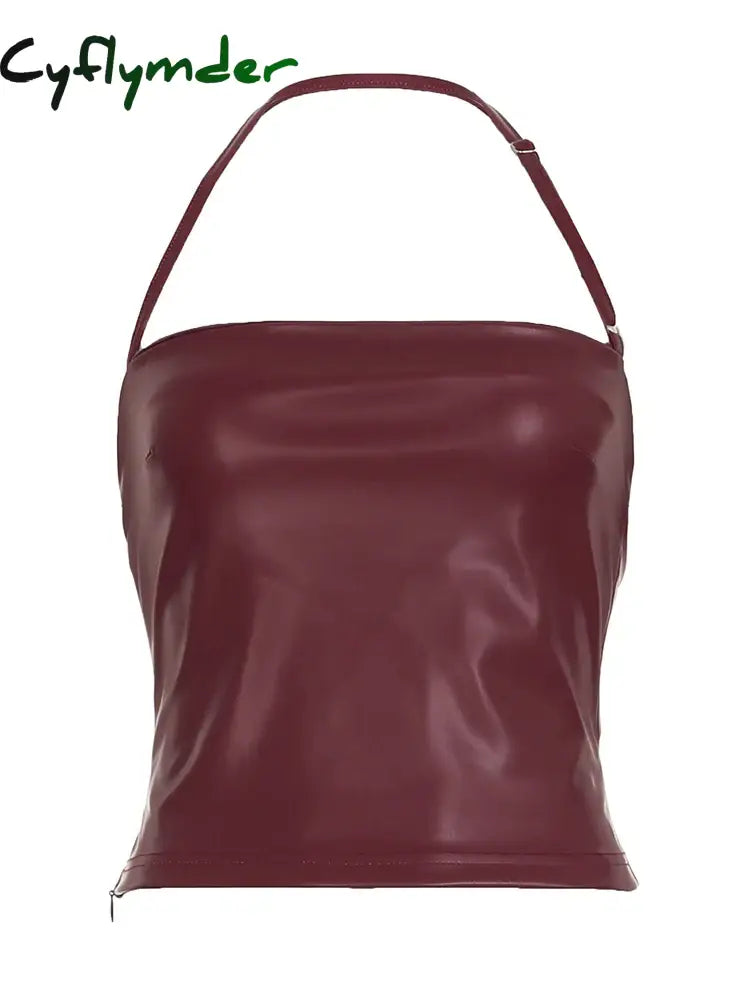 Cyflymder Halter Square Neck Sexy Tops Wine Clubwear Slim Backless PU Cloth Y2K Vintage Harajuku Chic Streetwear