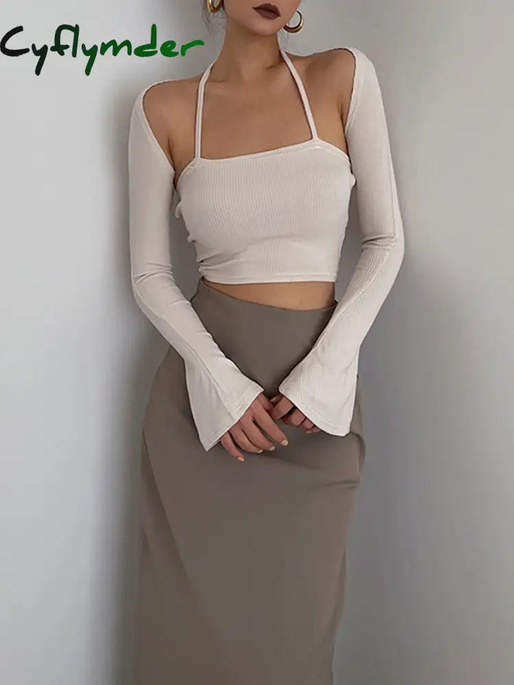 Cyflymder - Halter Tie Back Two Piece Shrug Crop Top Apricot / Xs Tank Tops & Camis